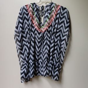 Miken Swim Black White Embroidered Ruffled CoverUp